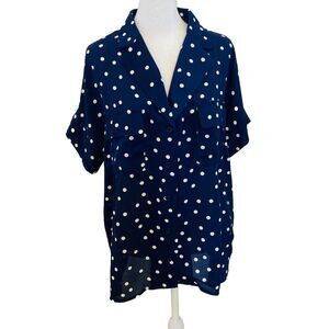 Just Fab Women Top Large Blue Navy Blue Polka Dot Blouse